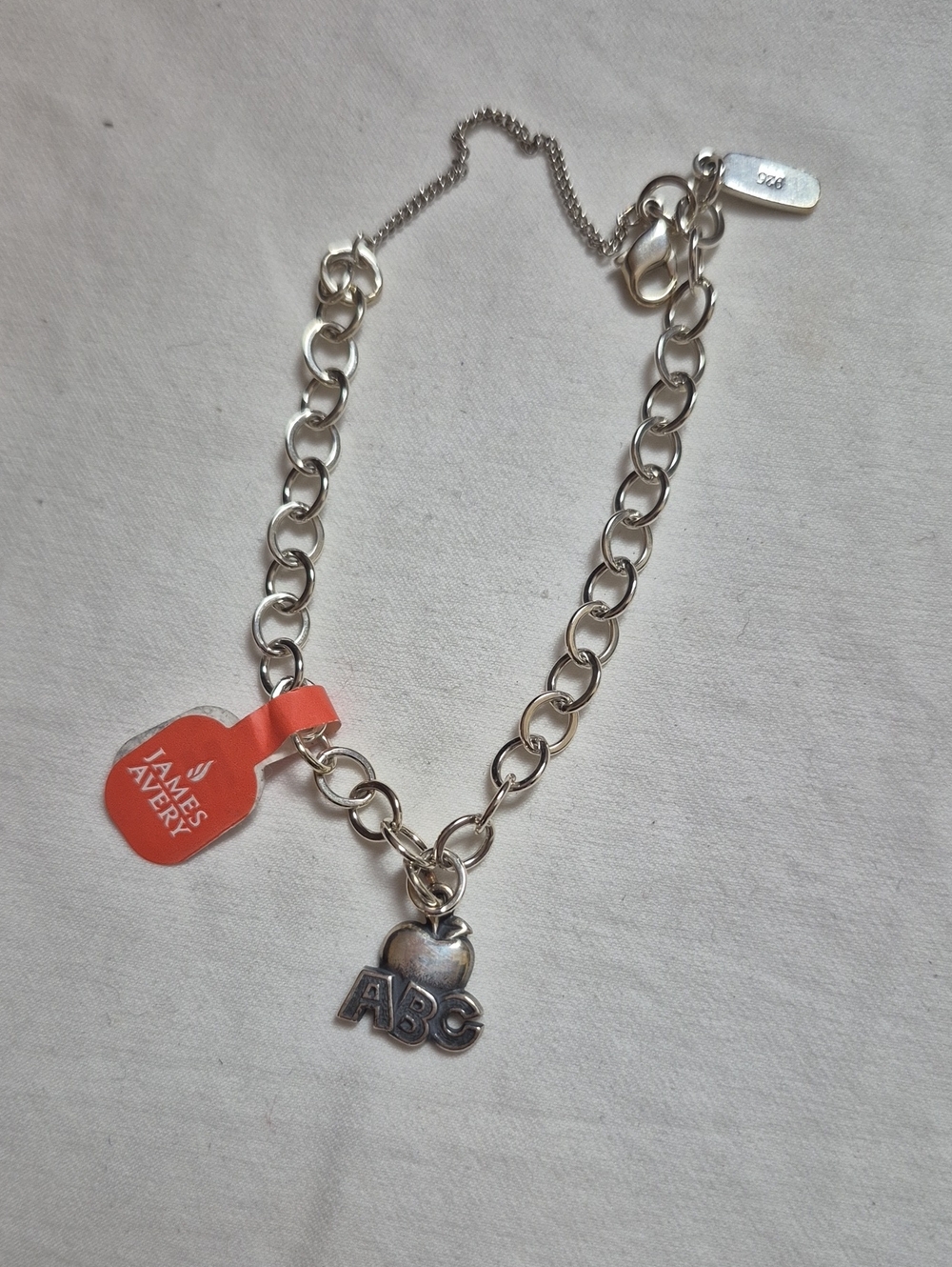 James Avery Silver Chain  Bracelet with ABC Heart Charm and Red Tag